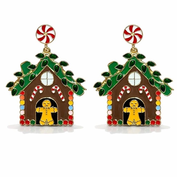 Anthropologie Jewelry - Gingerbread House Earrings - Green, Red, Brown.
